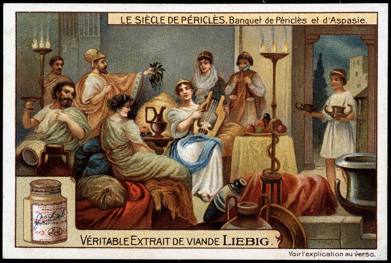 Perikles århundre (495-429 f.Kr.): bankett for Perikles og Aspasie (470-400 f.Kr.) - Liebig-kromolitografi av Unknown artist