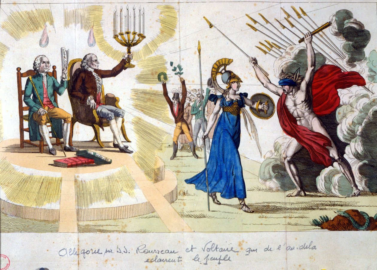 Lumieres århundre: filosofene Jean Jacques Rousseau og Voltaire, fra fortiden til fortiden, belyser folket - allegori av Unknown artist