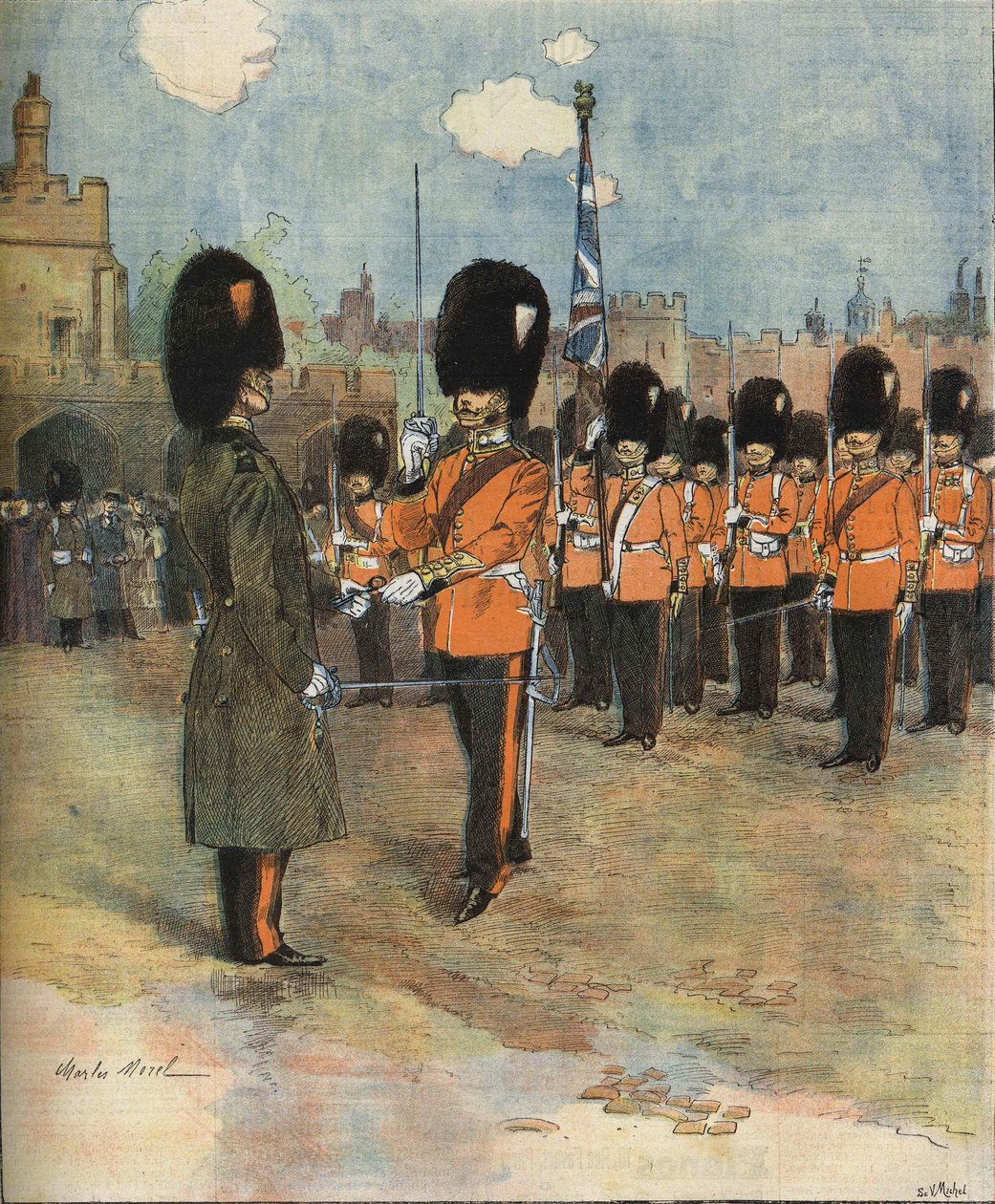 Vaktskiftet ved Buckingham Palace i London i 1893. Illustrasjon av M.C. Morel. Bianchetti samling. av Unknown artist
