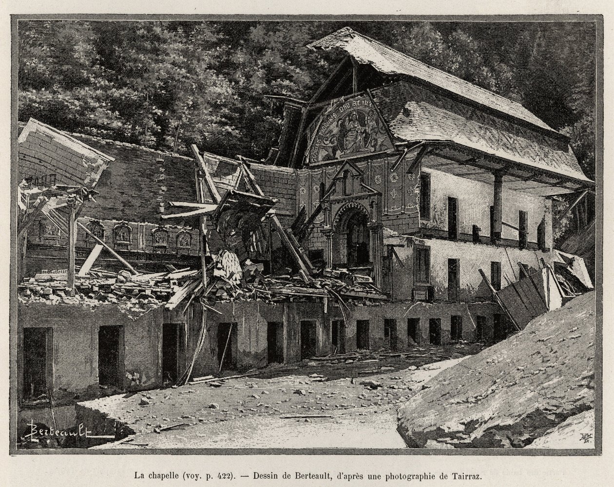 Kapellet ødelagt av overløpet av Arve. Berteault-gravering for å illustrere historien "La catastrophe de Saint Gervais les Bains"" av Unknown artist