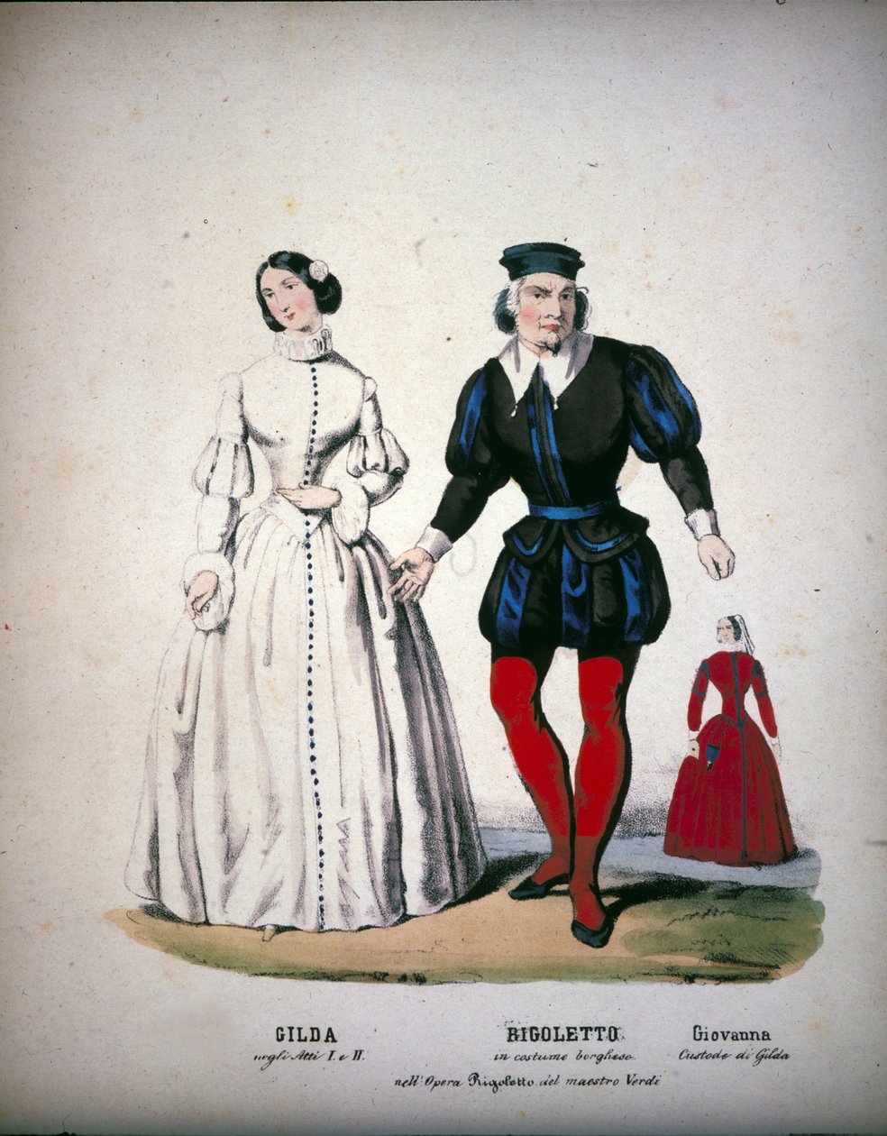 Karakterene til Gilda, Rigoletto og Giovanna i akt III av operaen "" Rigoletto"" av den italienske komponisten Giuseppe Verdi (1813-1901) av Unknown artist