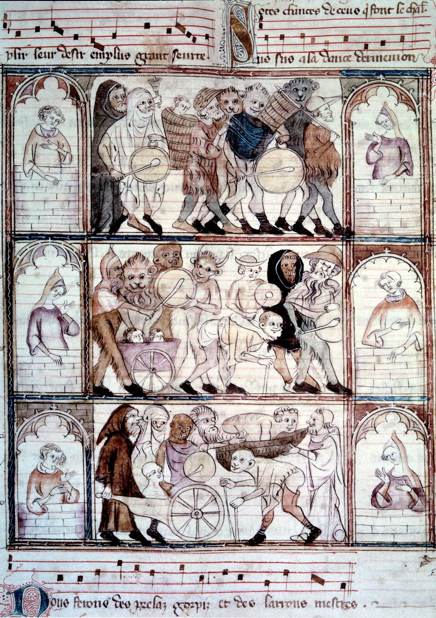 Charivari-festen for bryllupet til Fauvel. Prosesjon av musikere og transvestitter. Miniatyr fra manuskriptet "Le roman de fauvel" av Gervais du Bus (Gerves du Bus) av Unknown artist