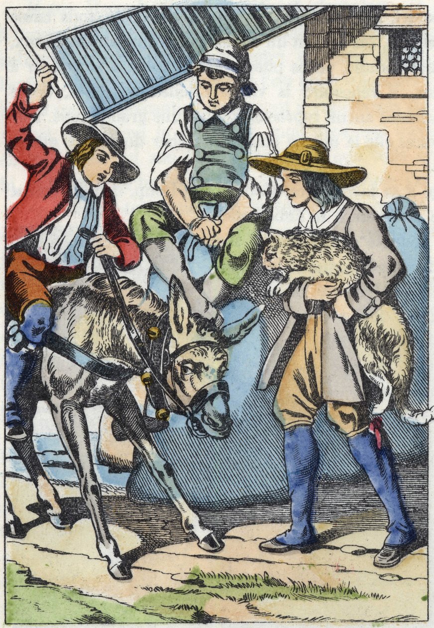 The children of the handler, who just died, share his property: donkey, mill and cat. Illustration of the tale “The cat botte” by Charles Perrault av Unknown artist