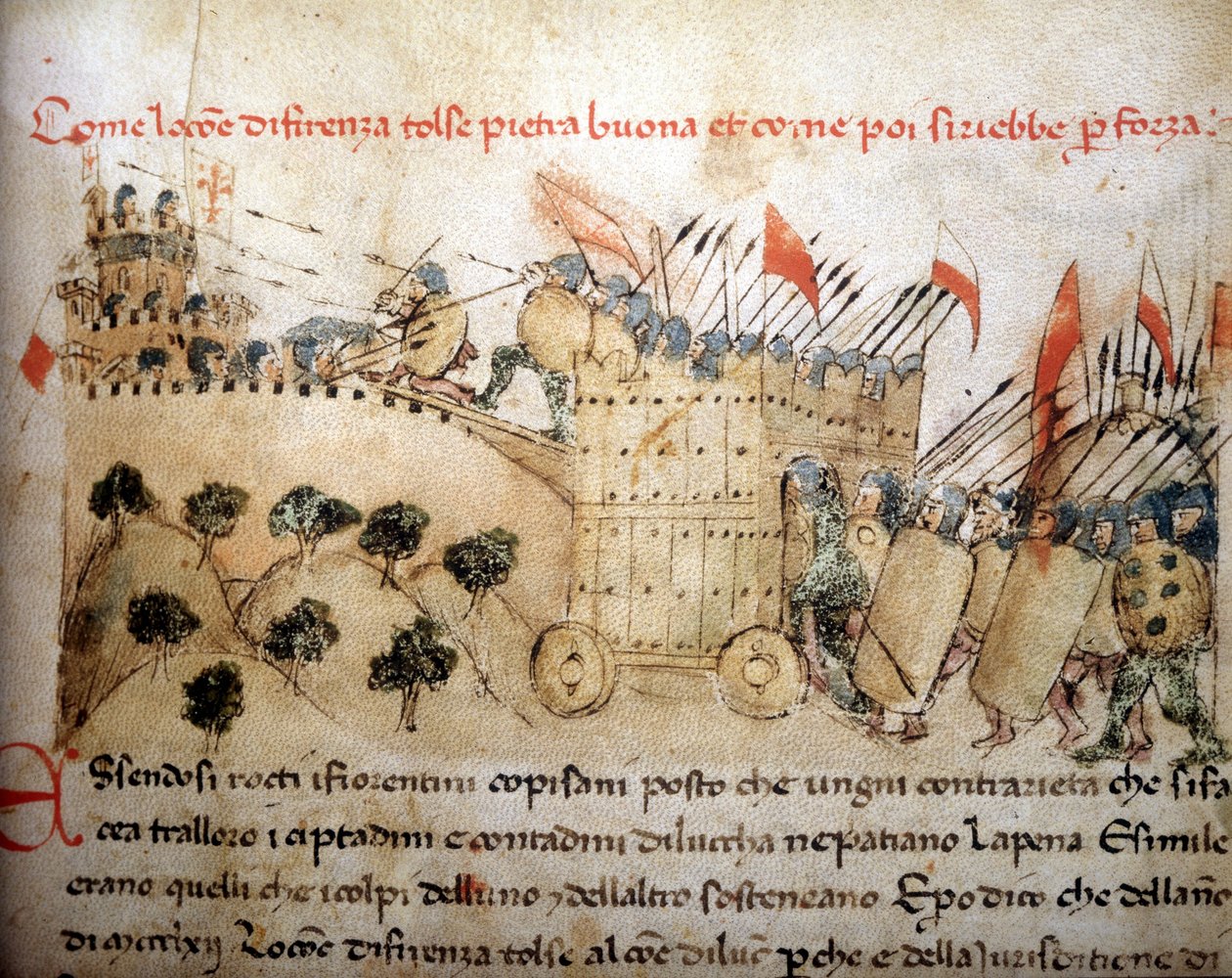 Byen Firenze erobret Pietrabuona, som innbyggerne i Lucca senere overtok - i «Croniche del Sercambi», rundt 1400. Nasjonalarkivet, Lucca. av Unknown artist