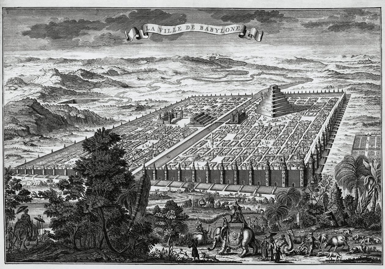 The city walls of Babylon surrounding the hanging gardens and the tower of Babel - av Unknown artist