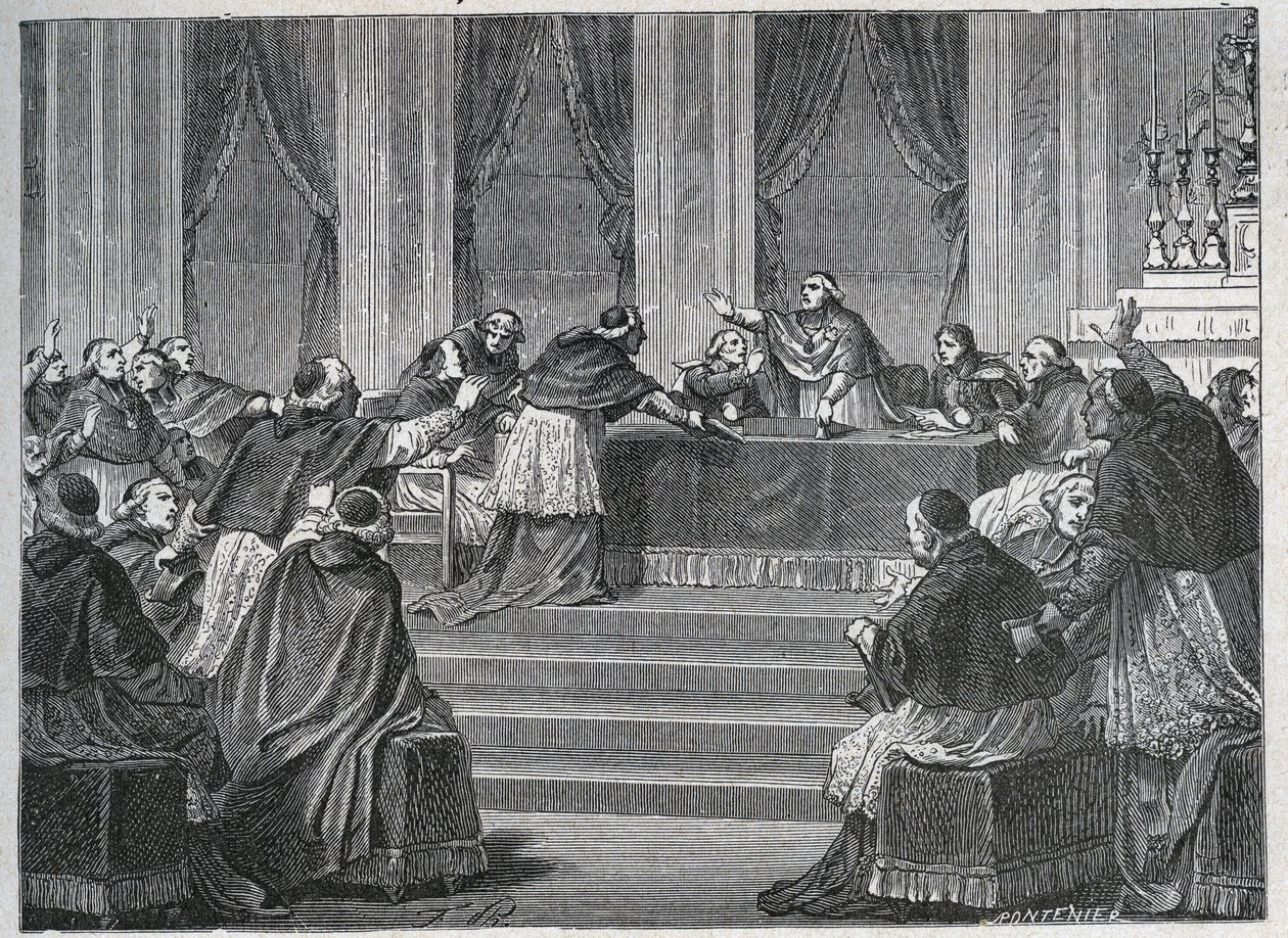 Presten fra Frankrike og Italia møttes i Paris til forsamlingen av det franske nasjonalrådet 9. juni 1811, ledet av kardinal Fesch (1763 - 1839). av Unknown artist