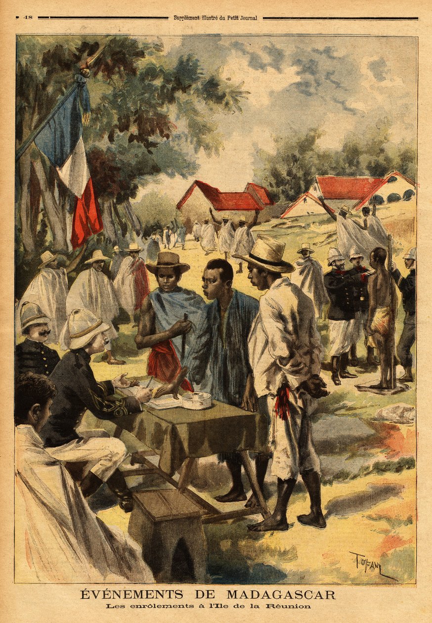 Spolene på øya Reunion; for første gang siden opprettelsen ble loven fra 1889, som sidestiller kolonienes innbyggere, fra et militært synspunkt, med de vernepliktige i metropolen, for å styrke troppene som ville kjempe. av Unknown artist