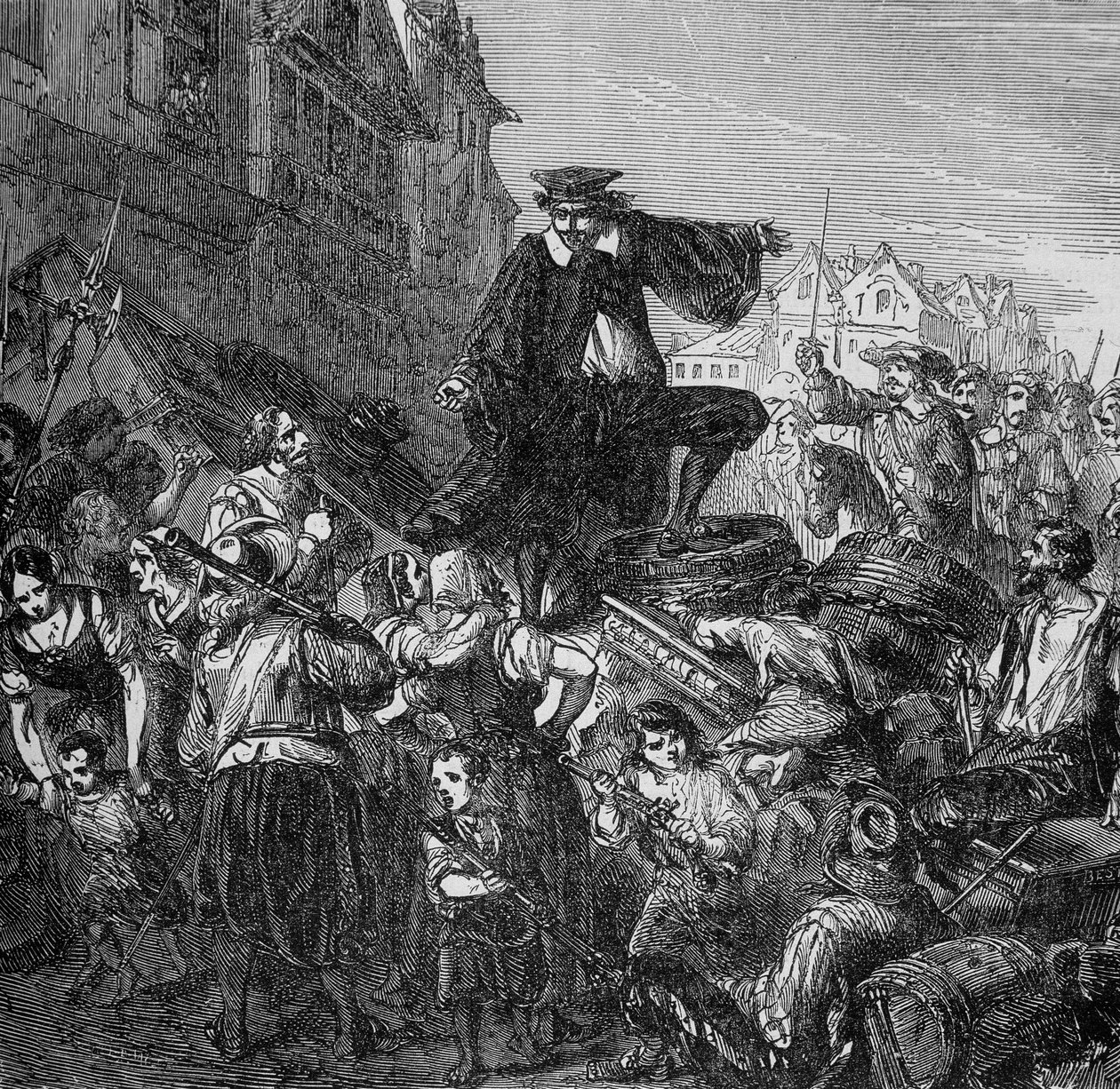 Kommandanten for garnisonen ble drept på barrikadene i Paris (begynnelsen av Fronde) i "Histoire des popes, rois, queens, emperors through the centuries" av Lachartre, sd 1800-tallet av Unknown artist