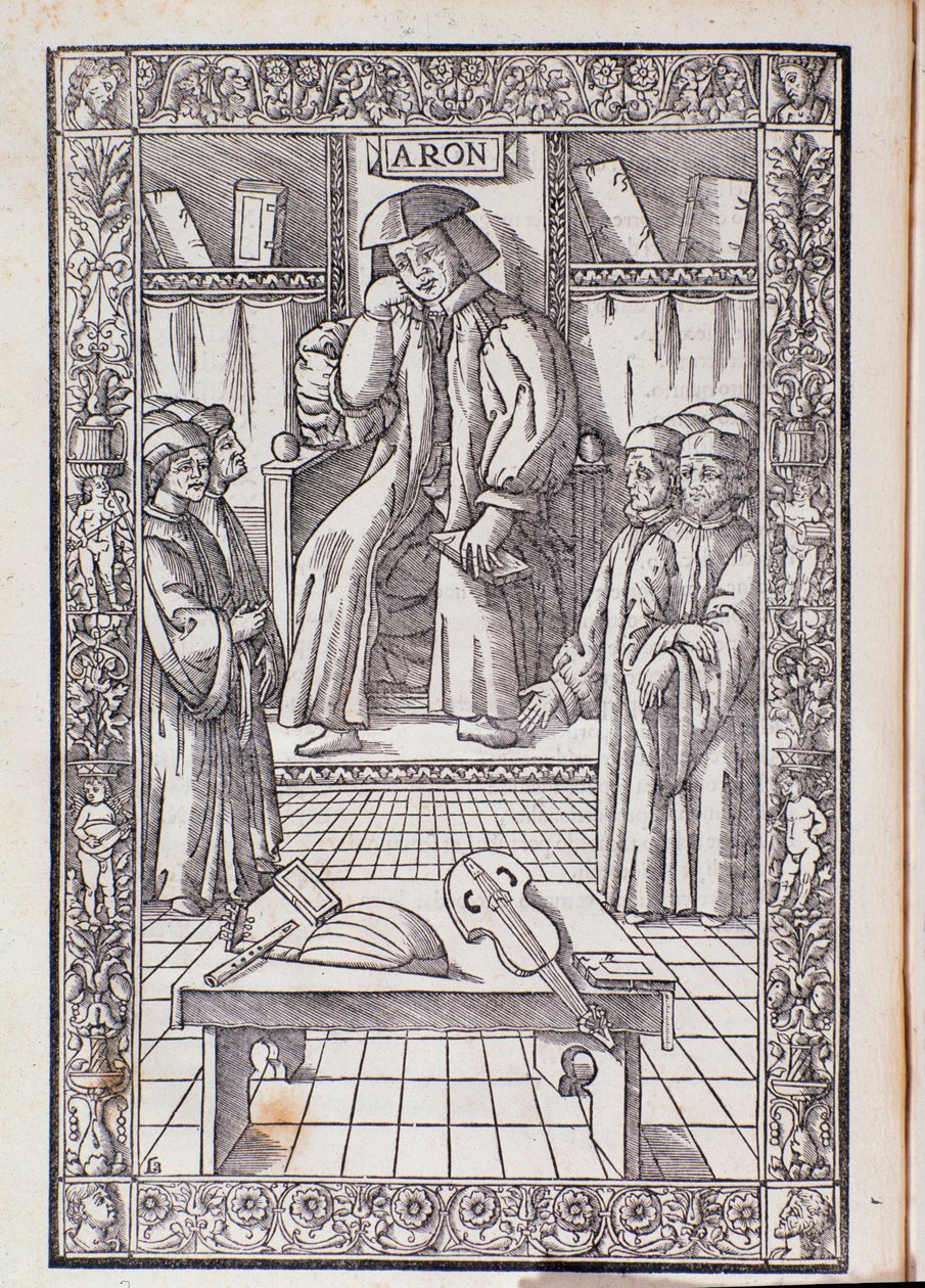 Komponisten og musikkteoretikeren Pietro Aaron som styreleder blant elevene hans. Illustrasjon fra Toscanello i musica av Unknown artist
