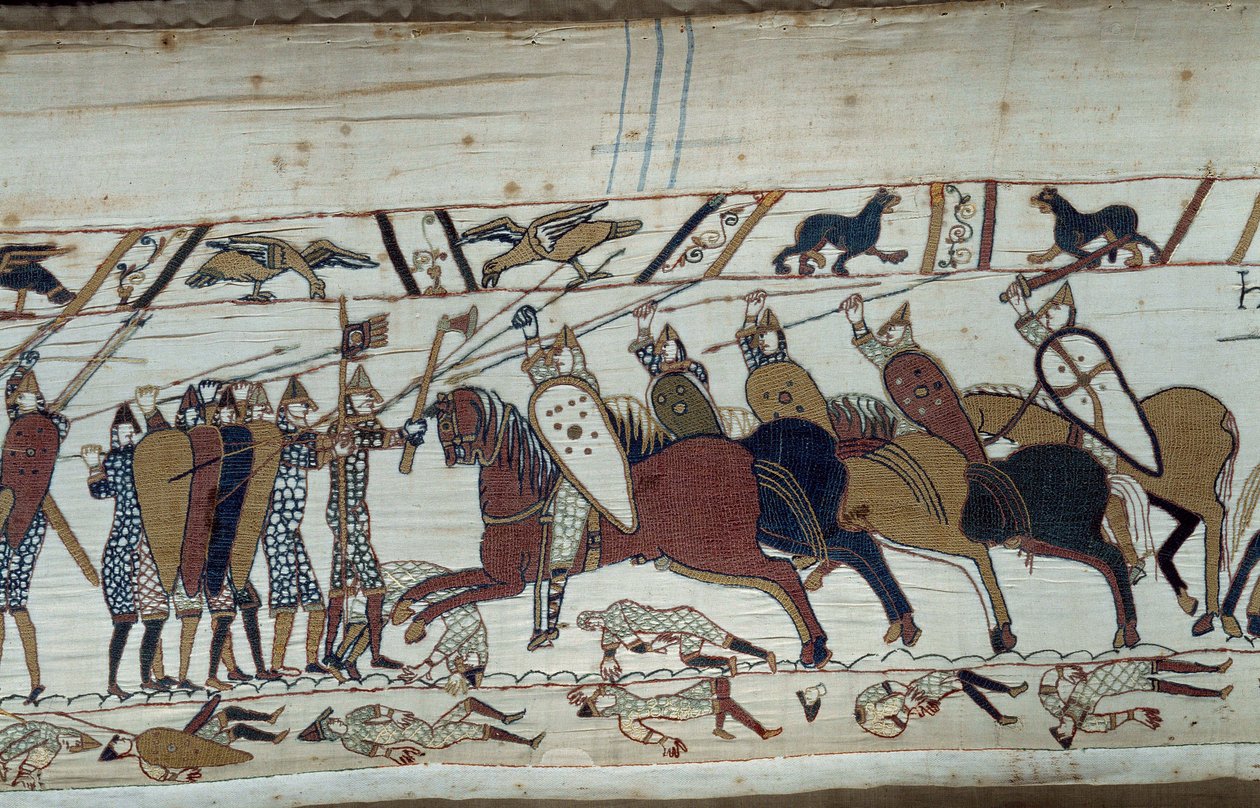 Erobringen av England av hertugen av Normandie Vilhelm Erobreren (1027-1087) i 1066: scene for slaget ved Hastings som motarbeidet det normanniske infanteriet til det saksiske kavaleriet. Detalj av billedvev av Bayeux eller broderi av dronning Mathilde av Unknown artist