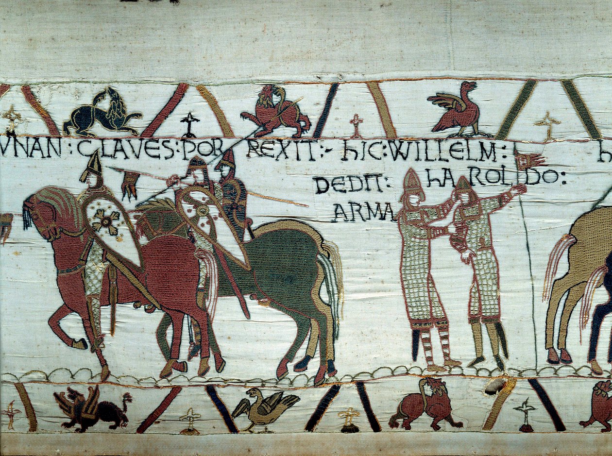 Erobringen av Bretagne av hertugen av Normandie Vilhelm Erobreren (1027-1087): til venstre mottar hertugen nøklene til byen Dinan, til høyre gjør han en ridder Harold, sendt av den engelske kongen Edward Bekjenneren Detalj av billedvev av av Unknown artist