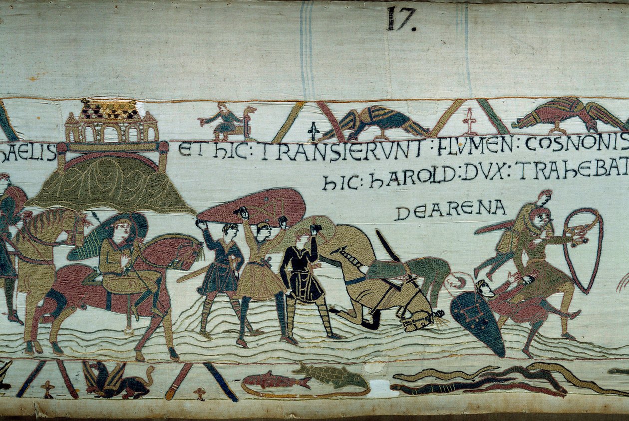 Erobringen av Bretagne av hæren til hertugen av Normandie Vilhelm Erobreren (1027-1087): krysset av Riviere du Couesnon på høyden av Mont Saint Michel, menn og hester synker ned i den bevegelige sanden. Detalj av billedvev av Bayeux eller Embro av Unknown artist
