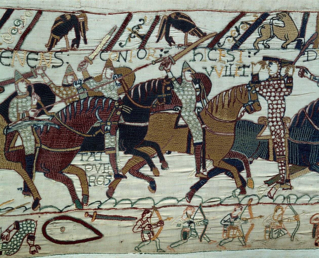 Erobringen av England av hæren til hertugen av Normandie Vilhelm Erobreren (1027-1087): Hertug Guillaume blir gjenkjent av soldatene sine ved å løfte hjelmen under slaget ved Hastings. Detail of the Tapestry of Bayeux eller Embroidery of Queen Mathild av Unknown artist