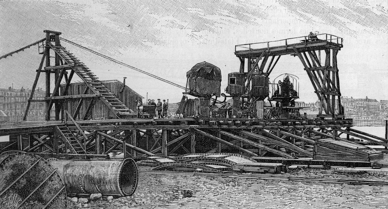 The construction of the Mirabeau bridge in Paris (1893): the service bridge (from a photograph). Engraving in “” La Nature: revue des sciences et de leurs applications aux arts et a l