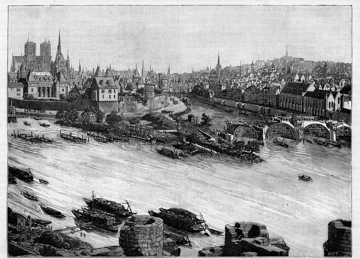 Byggingen av Pont Neuf i Paris som går gjennom Square du Vert-Galant ved enden av Ile de la Cite. De første verkene i 1578. Gravering i "" Le Monde illustrious"" av Unknown artist