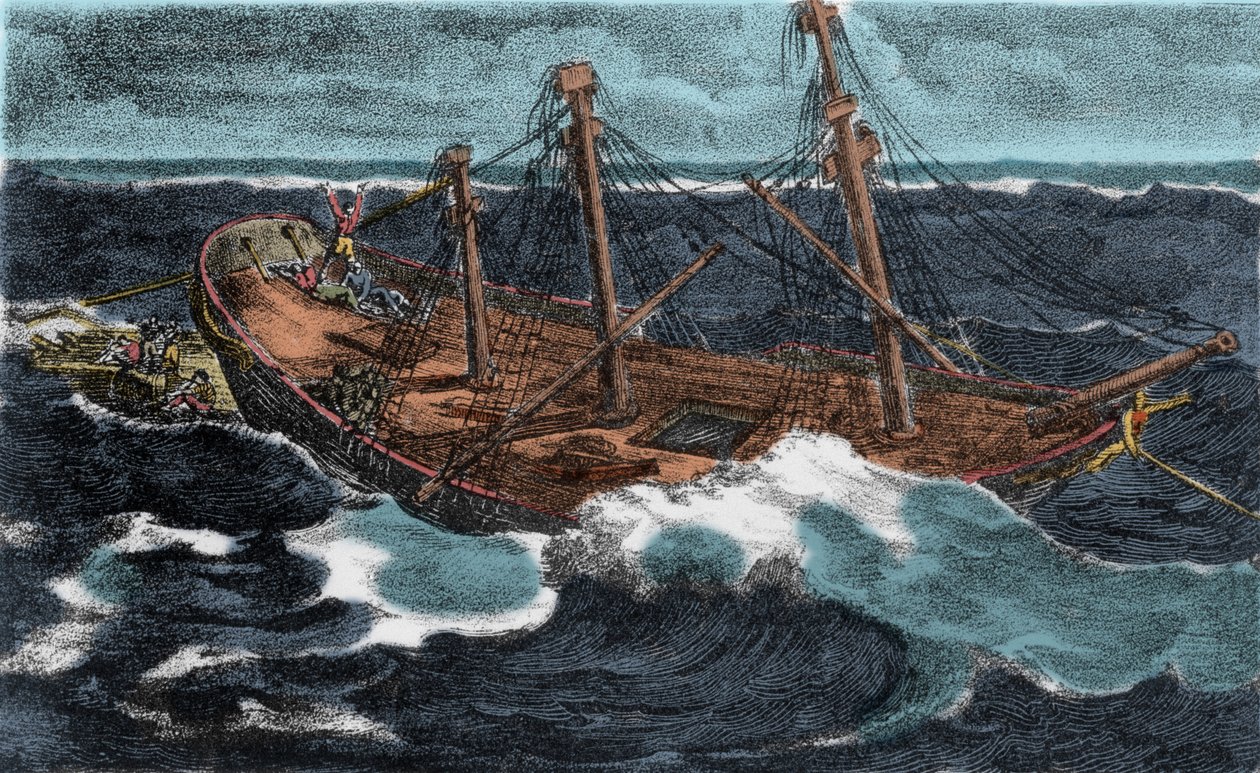 Byggingen av flåten til fregatten "" Meduse"" mislyktes 02.07.1816 på bredden av Arguin, nær kysten av Mauritania. Gravering av 1800-tallet av Unknown artist