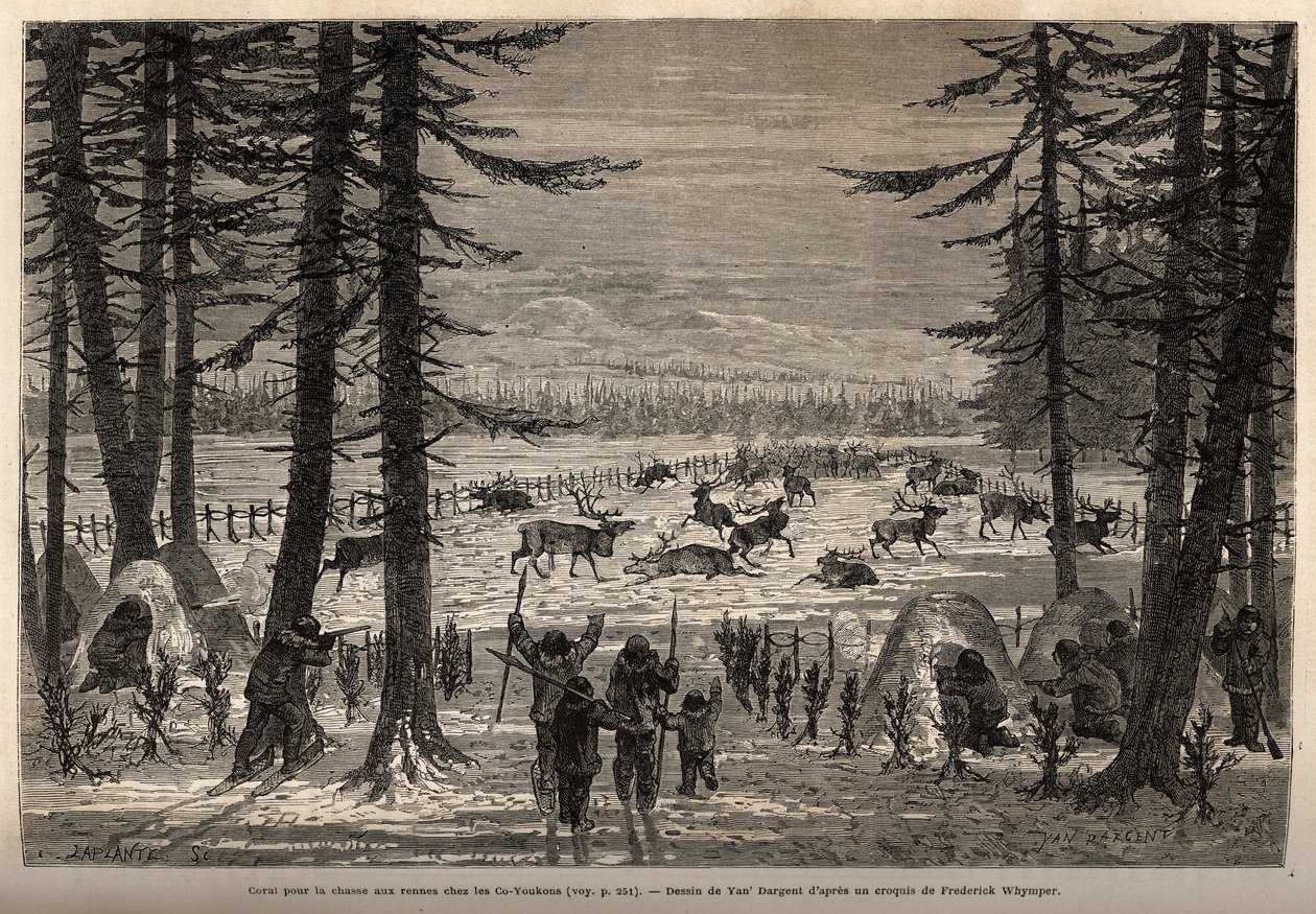Korallen for reinsdyrjakt i Co-Yukon (co-Yukon eller co-Youkouk) (indisk stamme i det ekstreme nordlige Canada). Gravering for å illustrere reisen og eventyrene i engelsk Colombia, Vancouver Island og Alaska, av Frederick Whymper av Unknown artist
