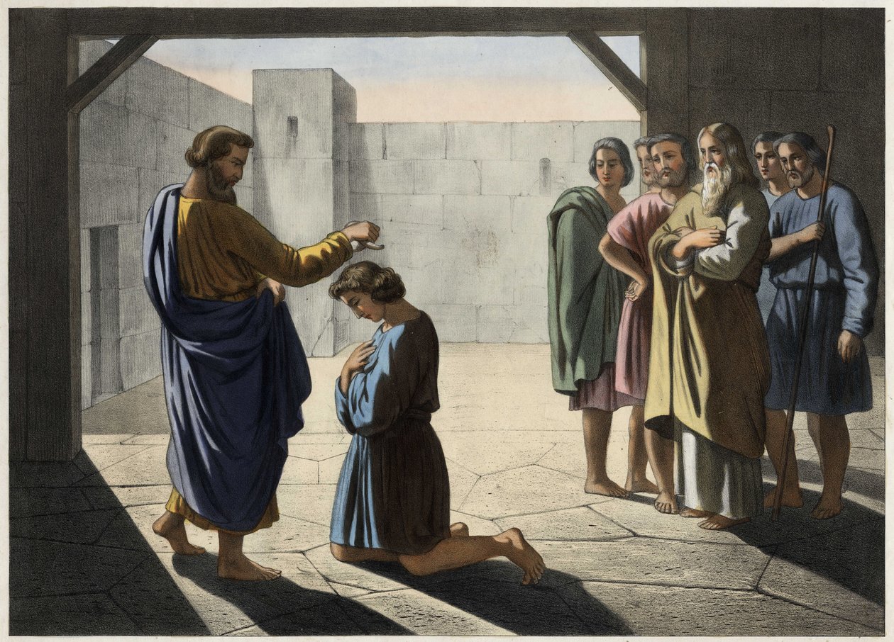 The coronation of David: Samuel designates David as king of Israel. Anonymous engraving of the 19th century. av Unknown artist