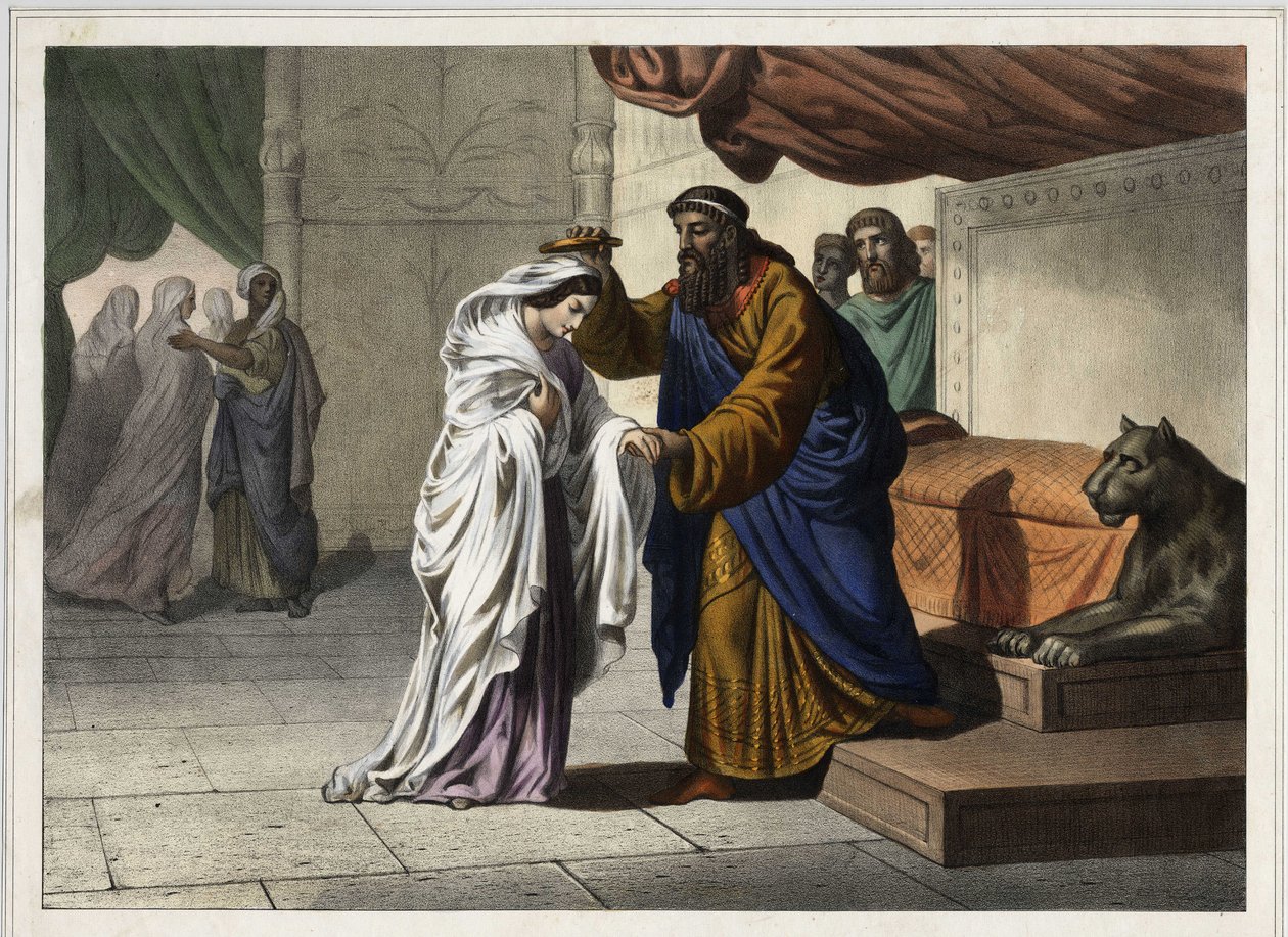 Kroningen av Ester: Perserkongen Assuerus 1. (Xerxes 1.) kroner sin kone Ester. Anonym gravering fra 1800-tallet. av Unknown artist