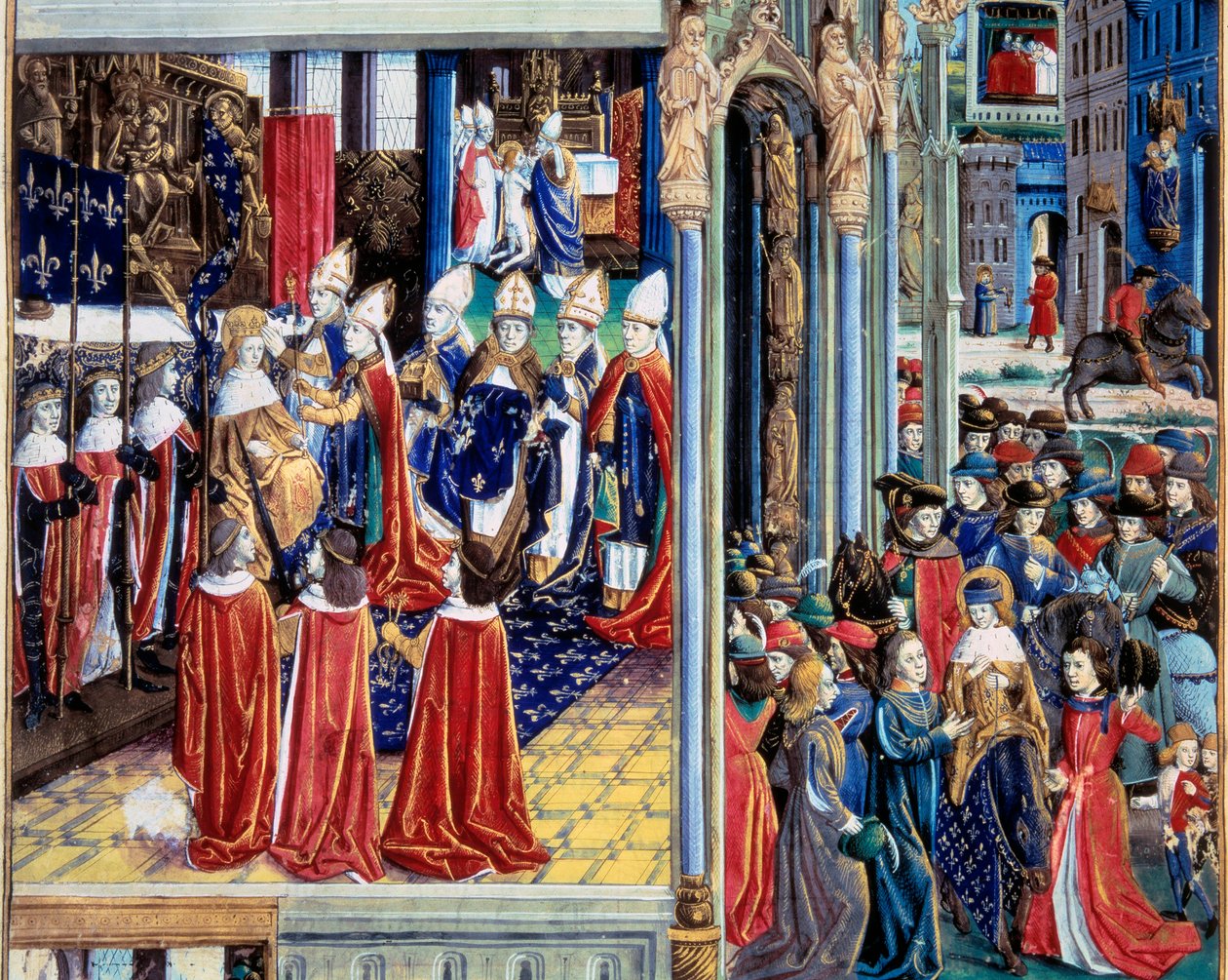 Kroningen av kong Saint Louis (Louis IX) (1214-1270) den 29/11/1226 i katedralen i Reims"" Miniatyr fra et manuskript "" Faktaboken Monsignor Saint Louis""" 1400-tallet. Paris, B.N av Unknown artist