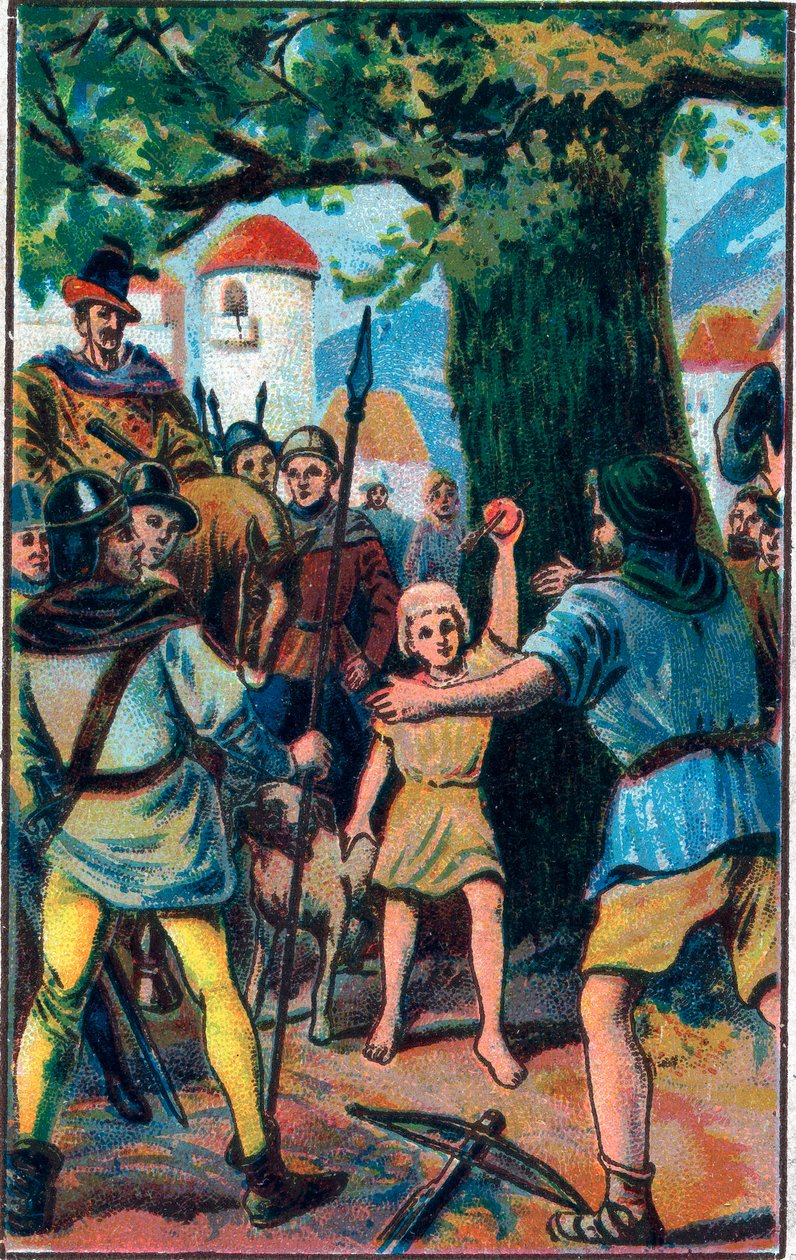 Armbrøsten. Guillaume Tell (William Tell) (legendariske helter fra sveitsisk uavhengighet). Kromolitografi fra slutten av 1800-tallet. av Unknown artist
