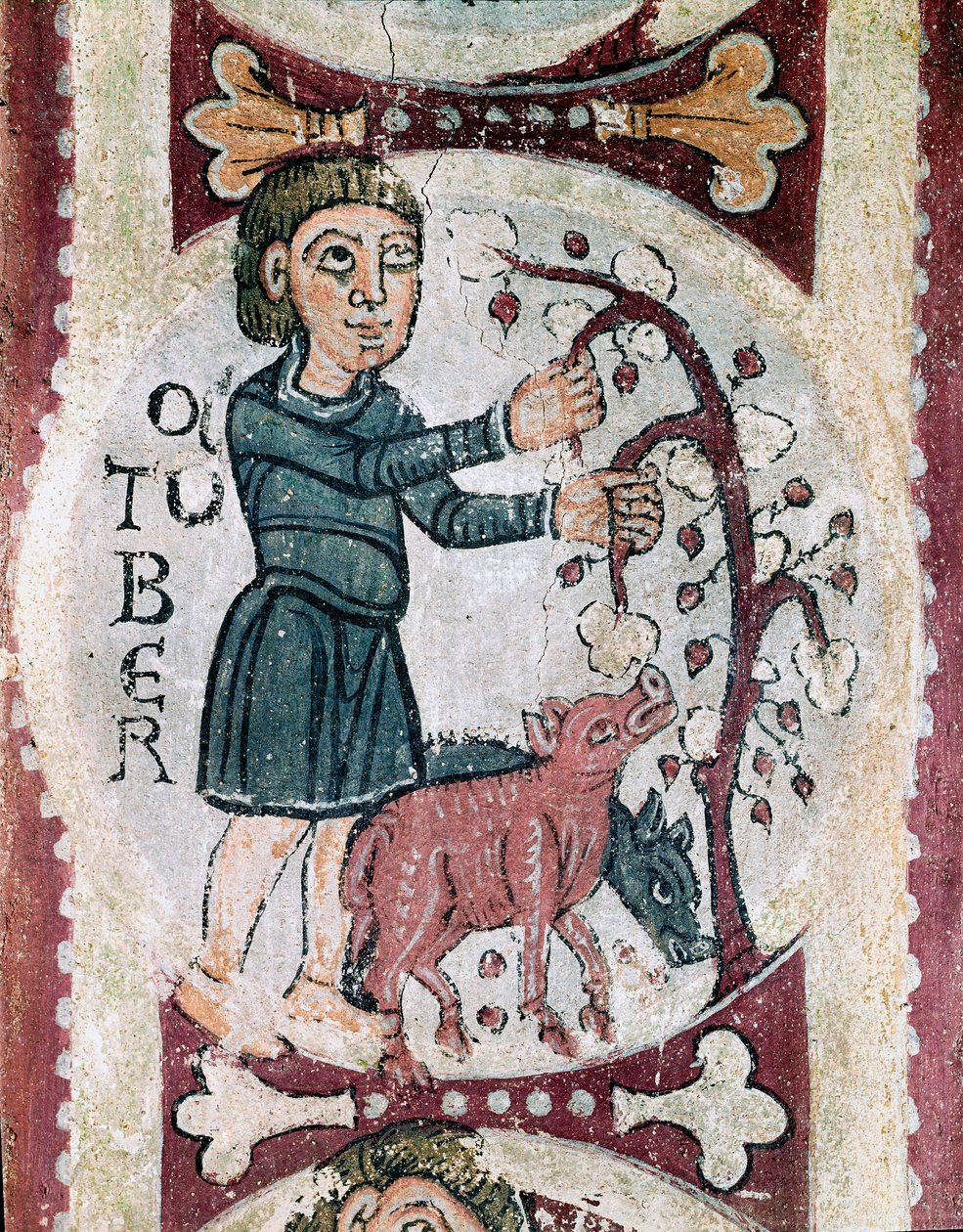 Månedens syklus: Oktober: samlingen av eikenøtter. Detalj av en freske fra 1100-tallet fra Royal Pantheon of the Real Colegiata of San Isidoro (Royal Collegiale of Saint Isidore). Leon. av Unknown artist