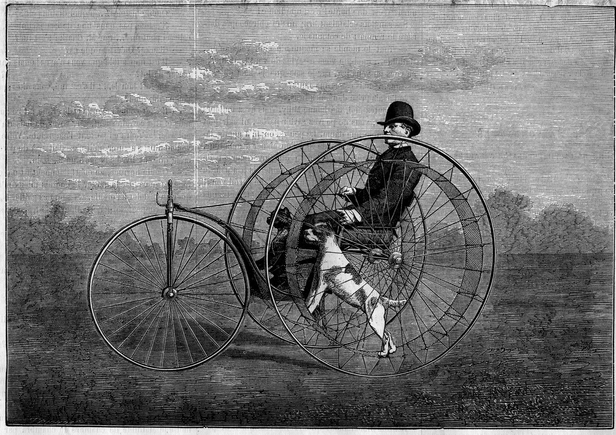 The cynofere: velocipede driven by dogs. Invention of the late 19th century. Engraving in “The Illustrious Universe”” of 6 May 1876. av Unknown artist