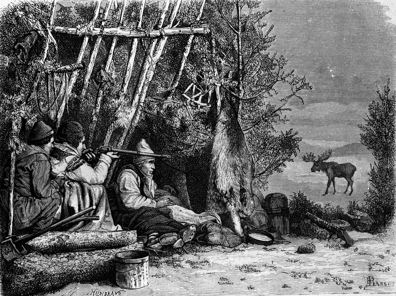 Dagliglivet til fangstmenn (profesjonelle jegere) i Canada: to cariboujegere. Gravering av 1800-tallet. av Unknown artist
