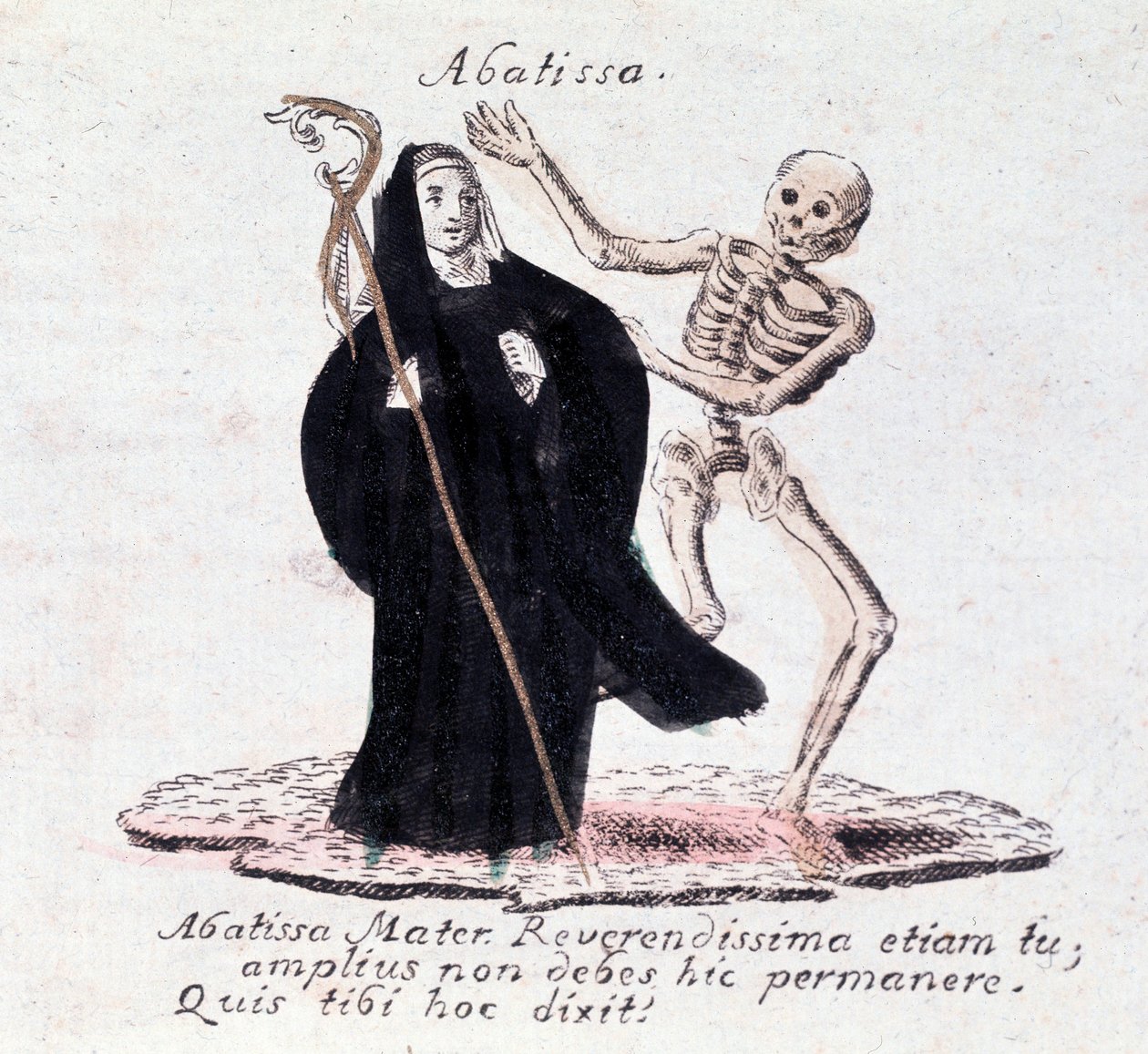Dødedansen, abbedissen og et skjelett (Trykk) av Unknown artist
