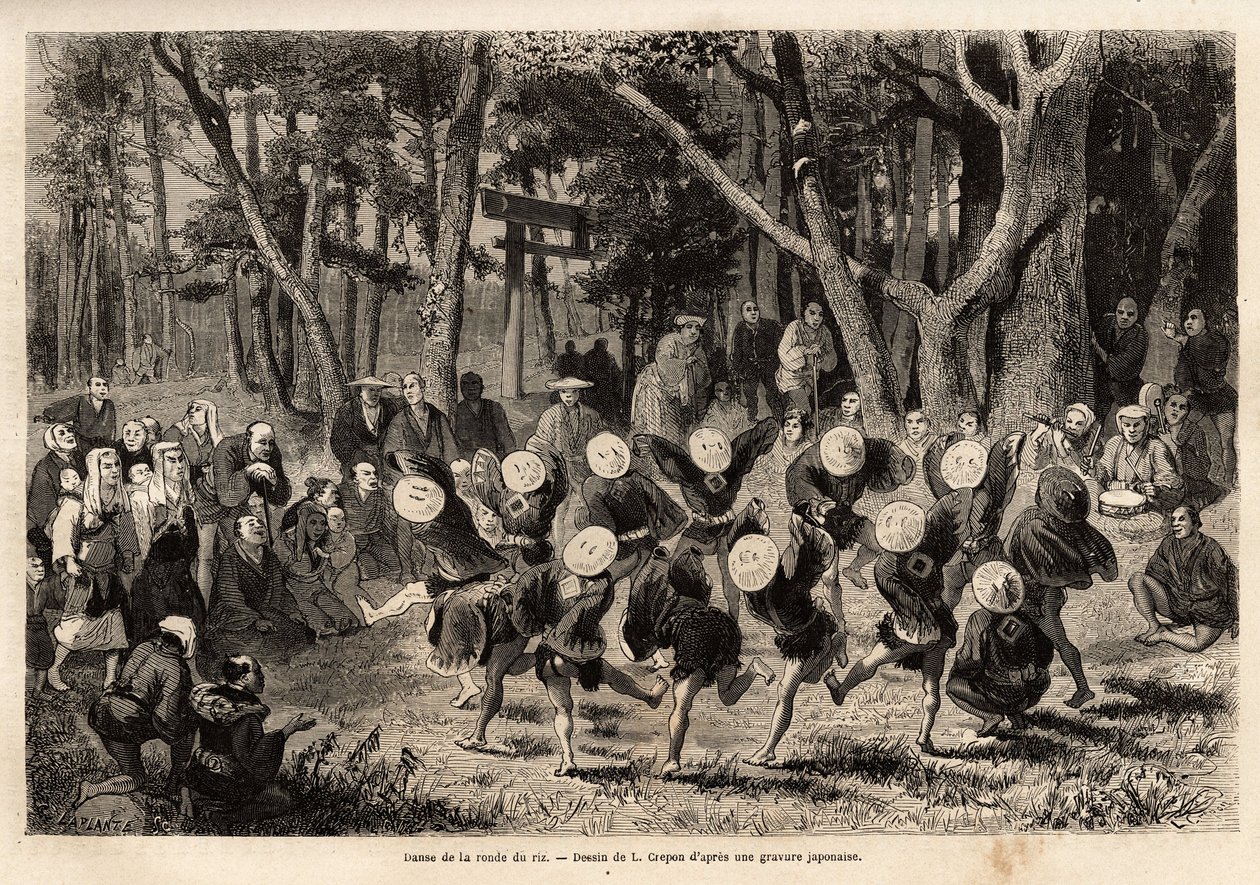 Dansen av risrunden, som finner sted i årets 10. måned, er relatert til kornavlinger. Gravering for å illustrere reisen til Japan, av Aime Humbert, minister for det sveitsiske konføderasjonen, i 1863-1864, publisert i "" le tour du monde"", und av Unknown artist