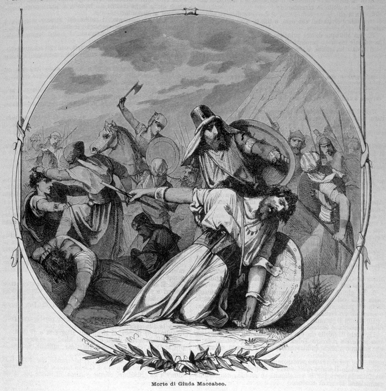 Døden til Judas Macchabee (Maccabee eller Macabee) under det makkabeiske opprøret mot seleukidene i 160 f.Kr. Gravering av 1800-tallet. av Unknown artist