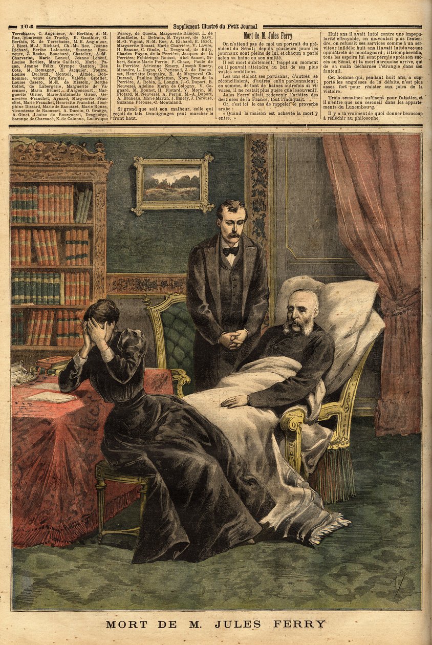 Dødsfallet til Jules Ferry (1832-1893), en republikansk politiker, forsvarer av Laique-skolen og tilhenger av kolonial ekspansjon. Gravering i "" Le petit journal"" 1/04/1893. Selvas samling. av Unknown artist