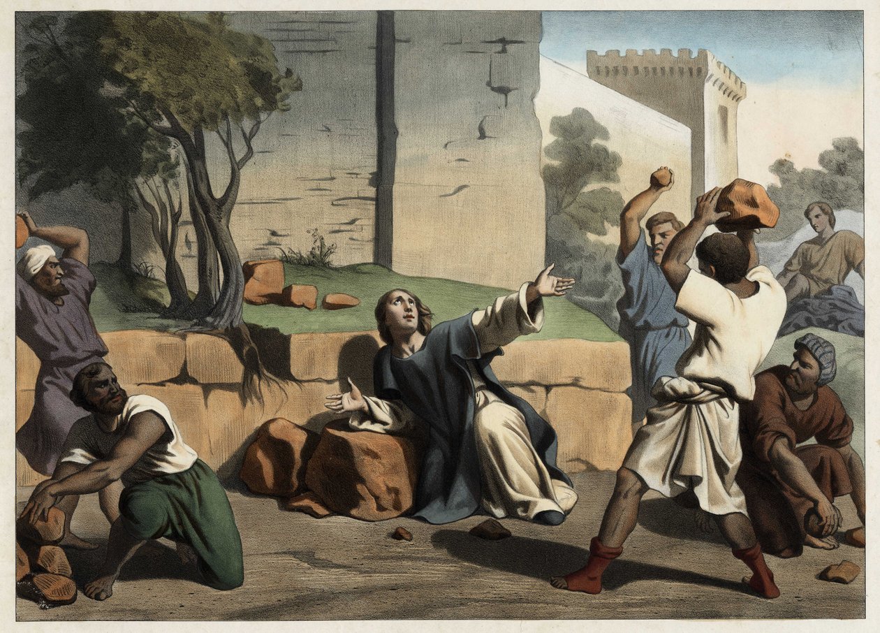 Dødsfallet til Saint Stephen: Saint Stephen steinet av jødene regnes som den første kristne martyren. Anonym gravering fra midten av 1800-tallet. av Unknown artist
