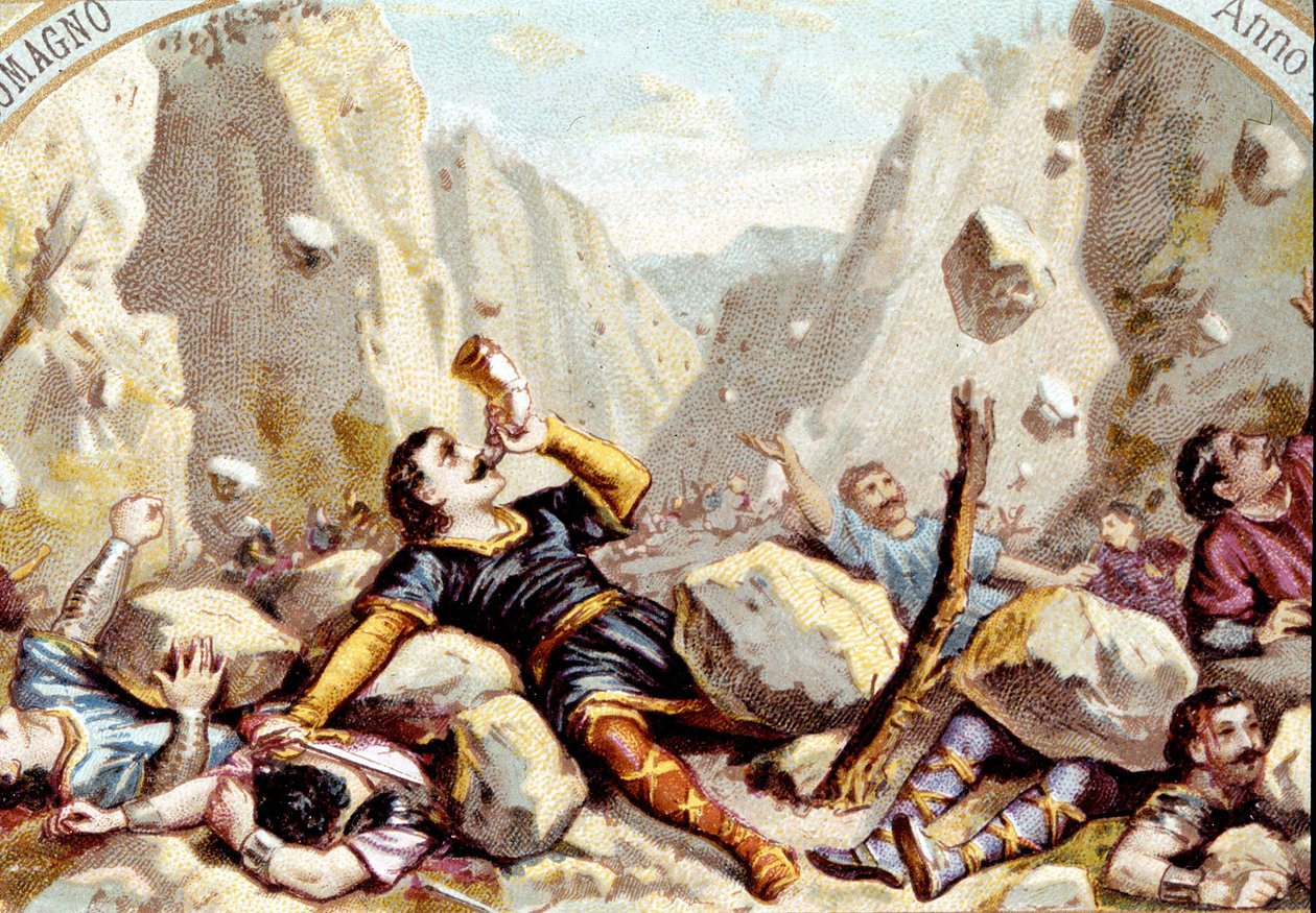 Dødsfallet til Ridder Roland, nevø av Charlemagne, i slaget ved Roncesvaux, 778. kromolitografi rundt 1900. av Unknown artist