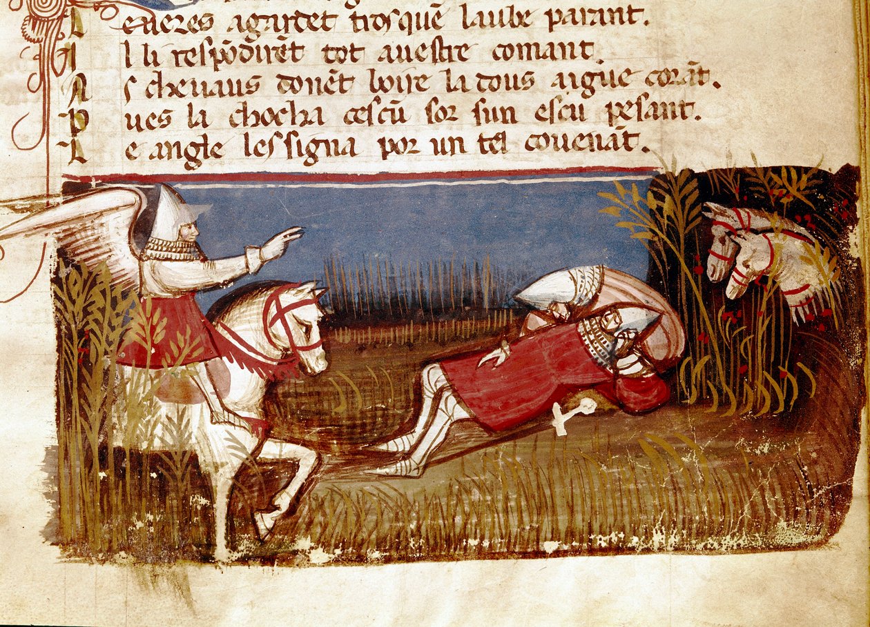 Dødsfallet til ridderen Roland, nevøen til Charlemagne, under slaget ved Roncevaux, 778 Miniatyr hentet fra "" Entree of Spain"". Venezia fra 1300-tallet, Biblioteca Marciana. av Unknown artist