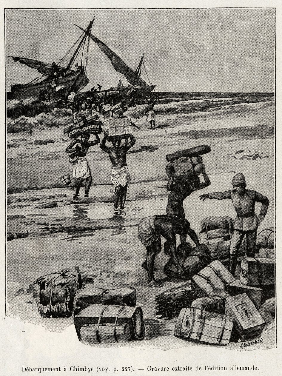 Avbarkingen ved Chimbye (Tanzania) av Peters-ekspedisjonen. Gravering for å illustrere historien "Au secours d
