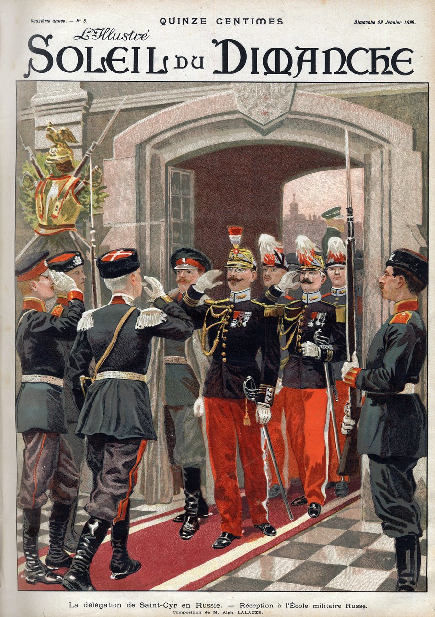 Delegasjonen til Saint Cyr (St. Cyr) i Russland: mottakelse ved den russiske militærskolen. Gravering i “” Le sun-du-dimanche””, 29. januar av Unknown artist