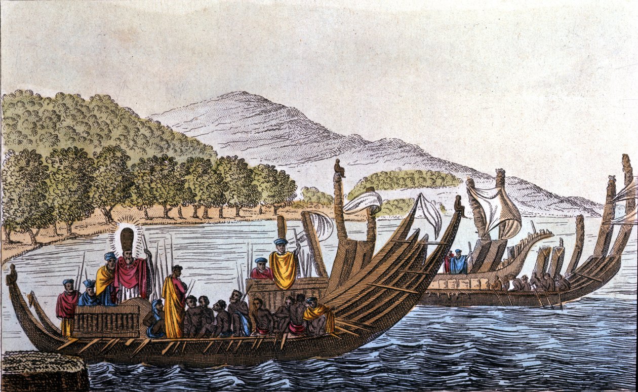 Avdelingen for polynesere for Stillehavet ombord på kanoer med dobbeltskrog. Litografi fra begynnelsen av 1800-tallet av Unknown artist
