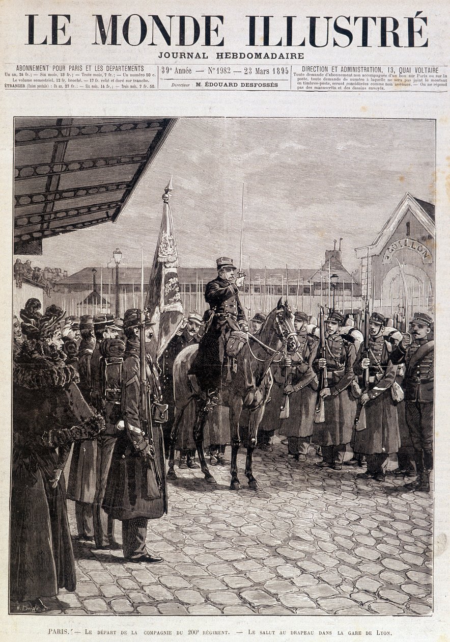 Avgangen til kompaniet til det 200. regiment. Hilsen til flagget i Gare de Lyon. ""Den illustrerte verden"". 23.03.1895. Tegning. av Unknown artist