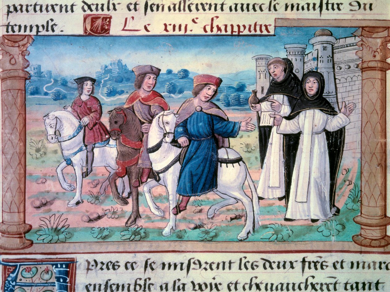 Avgangene til brødrene Nicolo og Matteo Polo, far og onkel til unge Marco Polo (1254-1324) med den unge mannen rundt 1271. Miniatyr hentet fra "" The Book of Wonders""" ("" Devisement du monde", "" Il Milio av Unknown artist