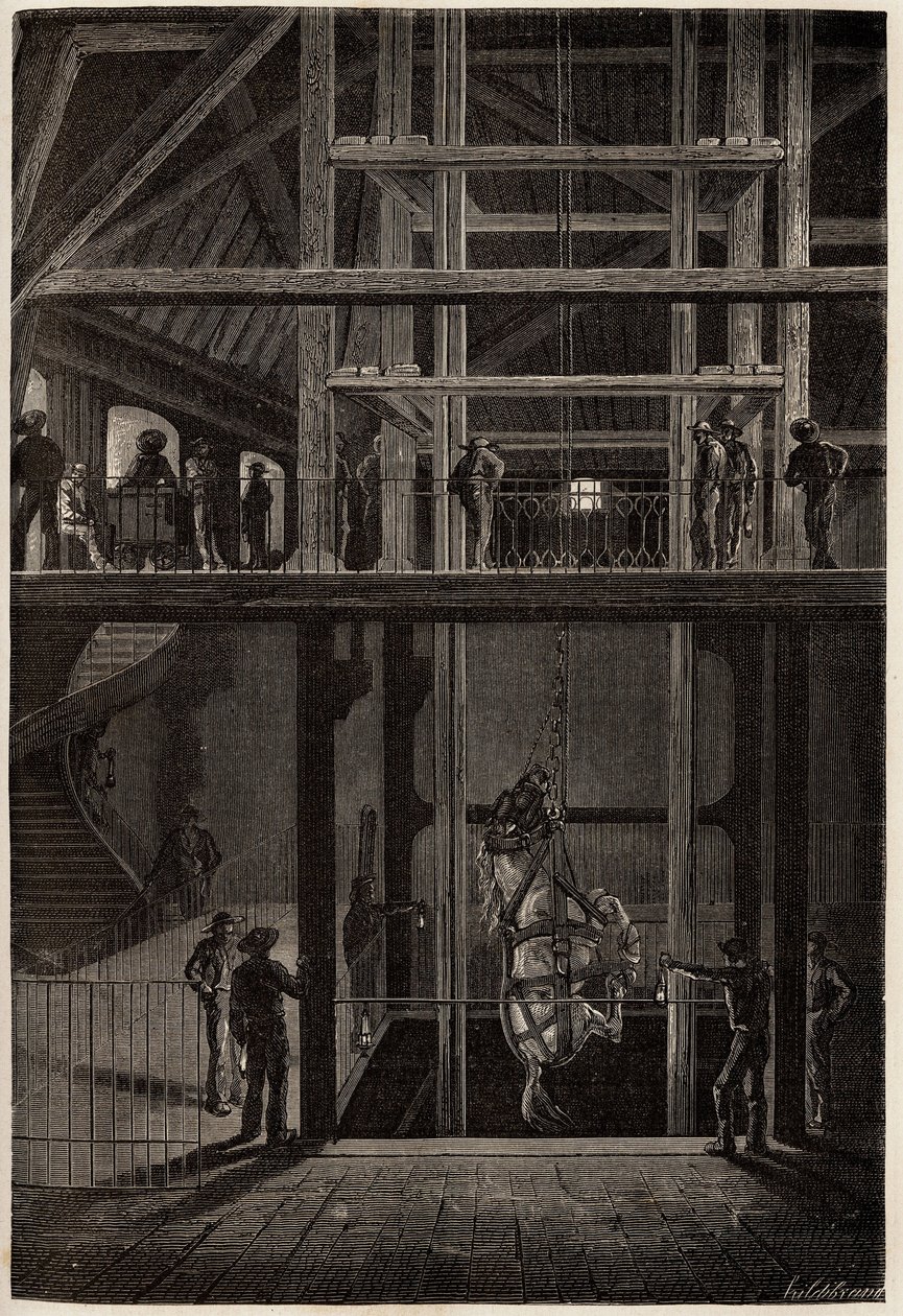Nedstigningen av en hest i Creusot-gruvene, brukt i underjordiske tunneler for transport av kullvogner. Gravering for å illustrere en reise til Creusot og gruvene i Saone og Loire, i 1865, av L. Simonin, i "" Le tour du monde, nouveau journal des av Unknown artist