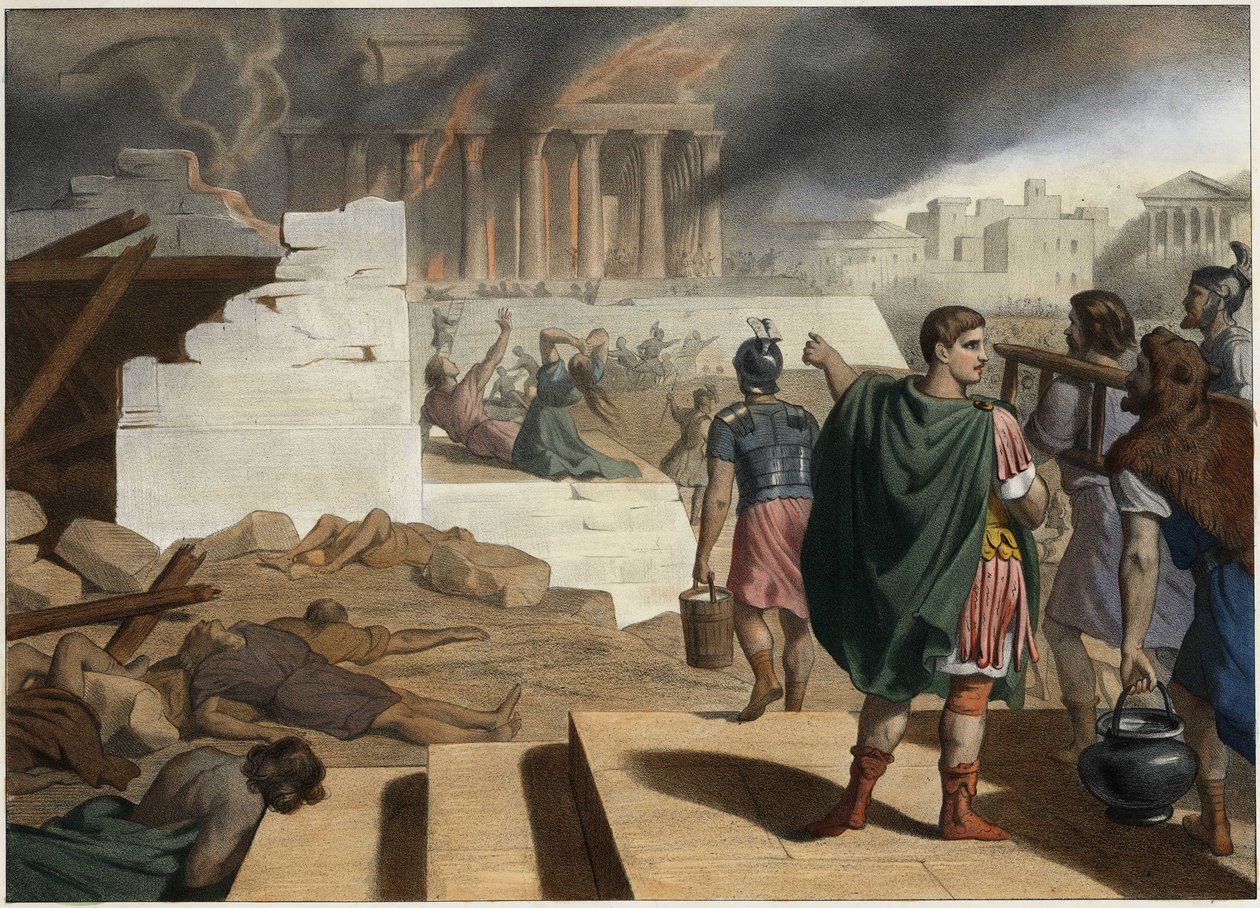 Ødeleggelsen av tempelet og byen Jerusalem i 70 av den romerske keiseren Titus (40-81). Anonym gravering fra midten av 1800-tallet. av Unknown artist