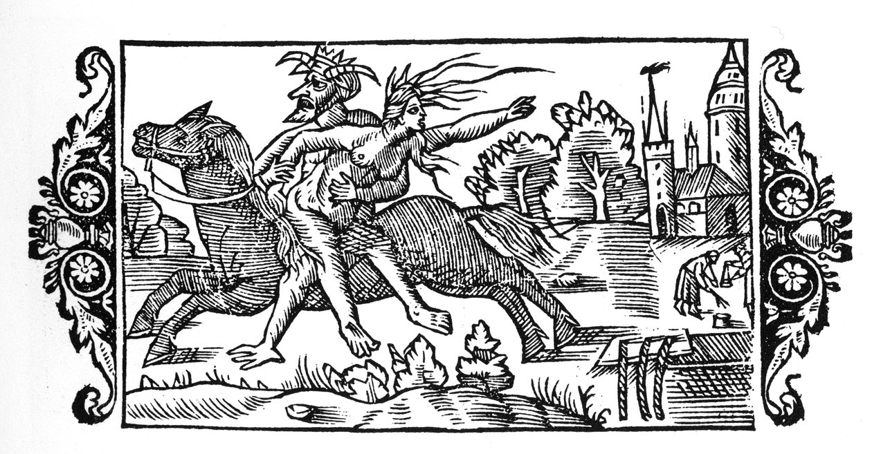 Djevelen bærer en heks - i "History of the Northern Nations" av Olaus Magnus, Roma 1555 av Unknown artist