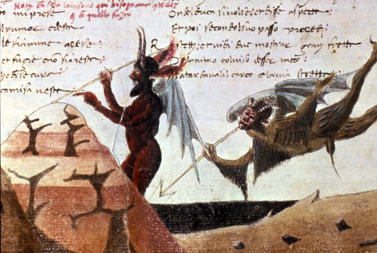 Djevlene i en sirkel av helvete etter en håndskrevet utgave av Divina Commedia (guddommelig komedie) av Dante Alighieri (1265 - 1321) fra 1300-tallet. Bibl.Trivulziana Milan. av Unknown artist