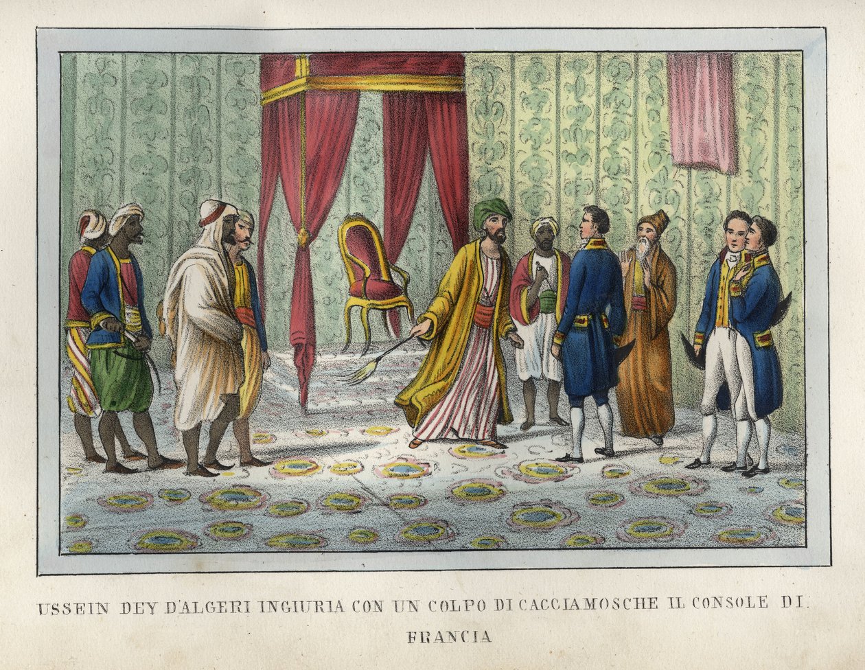 The dey of Algiers, Hussein, judging himself offended by the French consul Pierre Deval, had blown him off his fly-hunter in April 1827. This episode was decisive in the evolution of events leading to the capture of Algiers in 1830. Engraving in” L