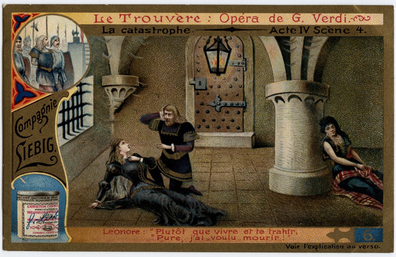 The disaster act IV scene 4. Illustration for the opera “” The find”” (Il trovatore) by Giuseppe Verdi (1813-1901). Chromolithography (Chromo) Liebig from the end of the 19th century. av Unknown artist
