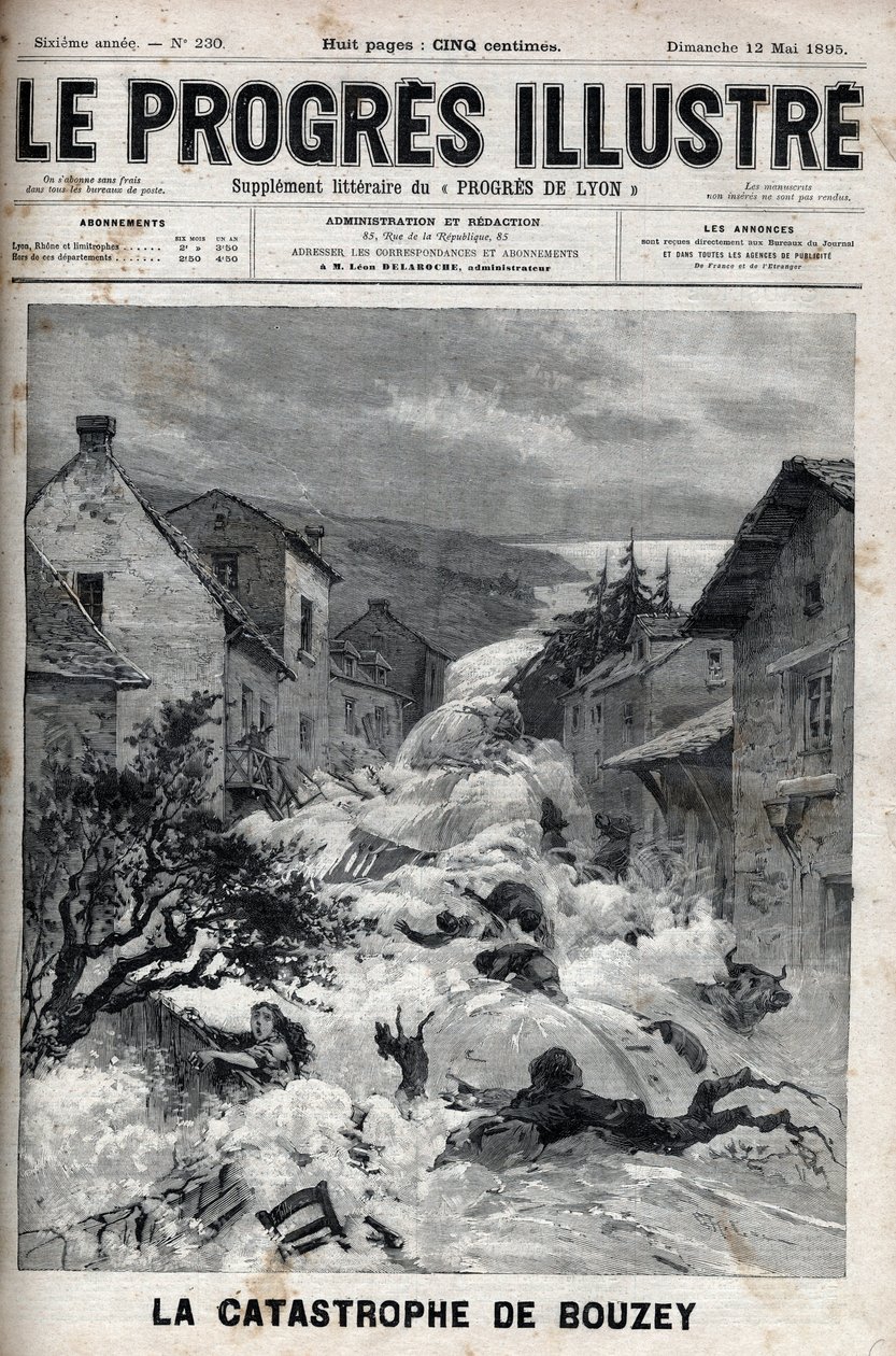 Katastrofen i Bouzey (Vosges), demningen til reservoaret i Epinal, brast og øste ut 7 millioner kubikkmeter vann - Gravering i "Le Progres illustrious"" fra 1895 av Unknown artist