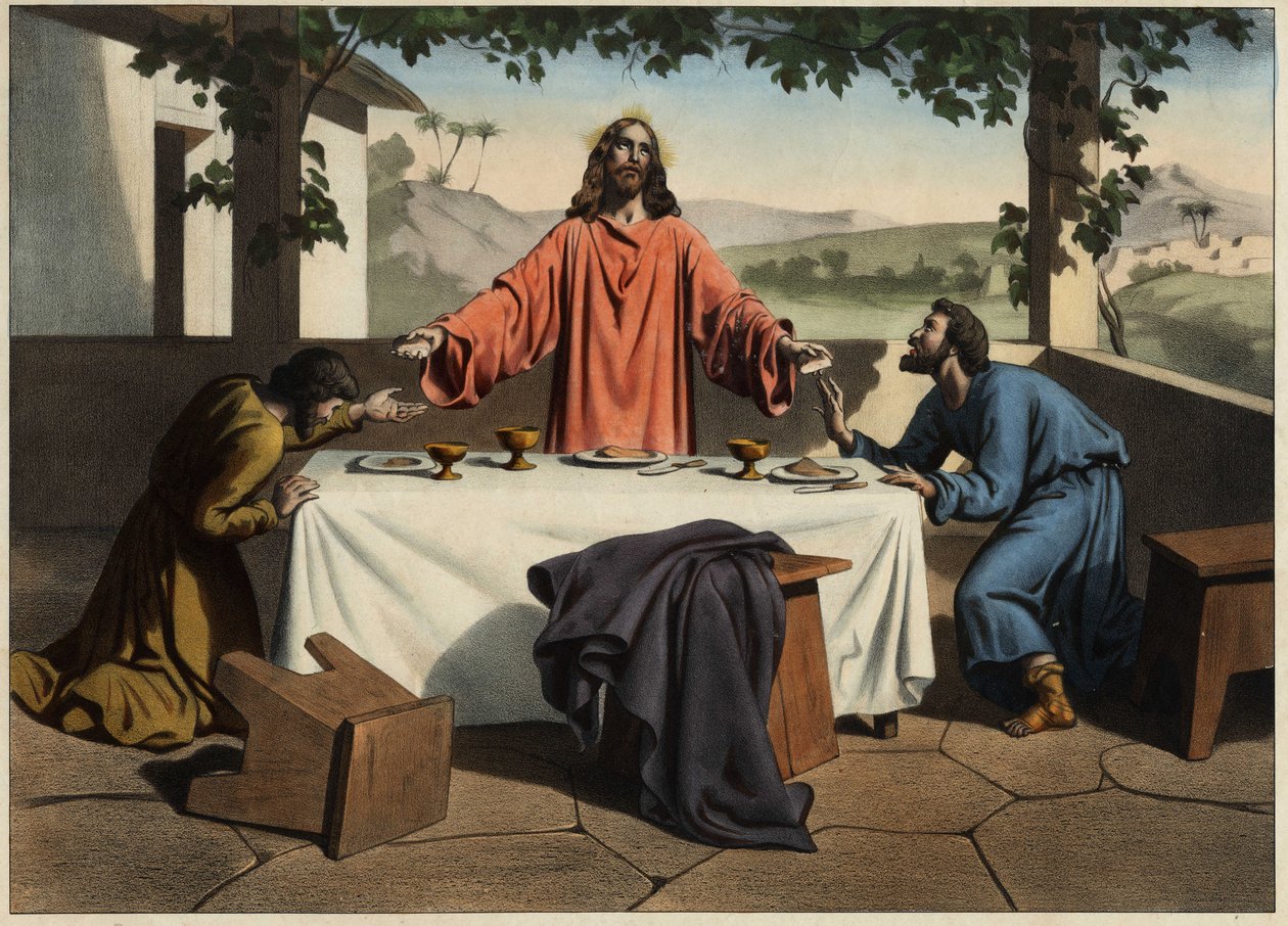 Disiplene til Emaus (Emmaus) møter den oppstandne Kristus påskekvelden, som deler brød. Anonym gravering fra midten av 1800-tallet. av Unknown artist