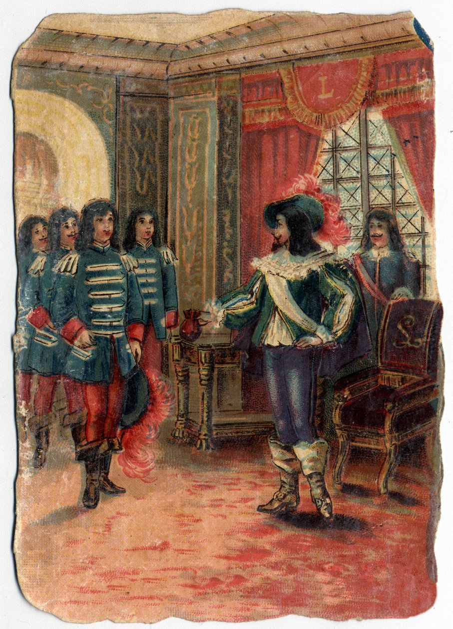 Uenigheten mellom de tre musketerene og garden til kardinal Jules Mazarin (Giulio Raimondo Mazzarino eller Mazarino) (1602-1661). Kromolitografi fra 1800-tallet. av Unknown artist