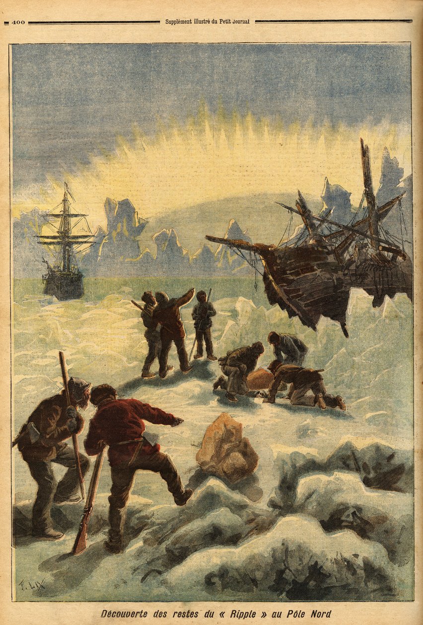Funnet av restene av Ripple (norsk skip), fanget i isen på Nordpolen. Gravering i “” Le petit journal”” 16/12/1893. Selvas samling. av Unknown artist